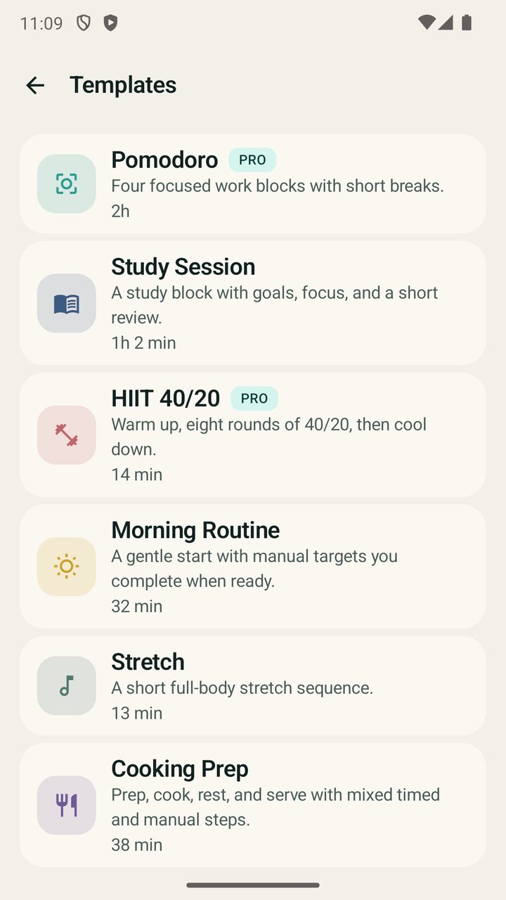 Rutixer template catalog including Pomodoro, Study Session, and HIIT 40/20.